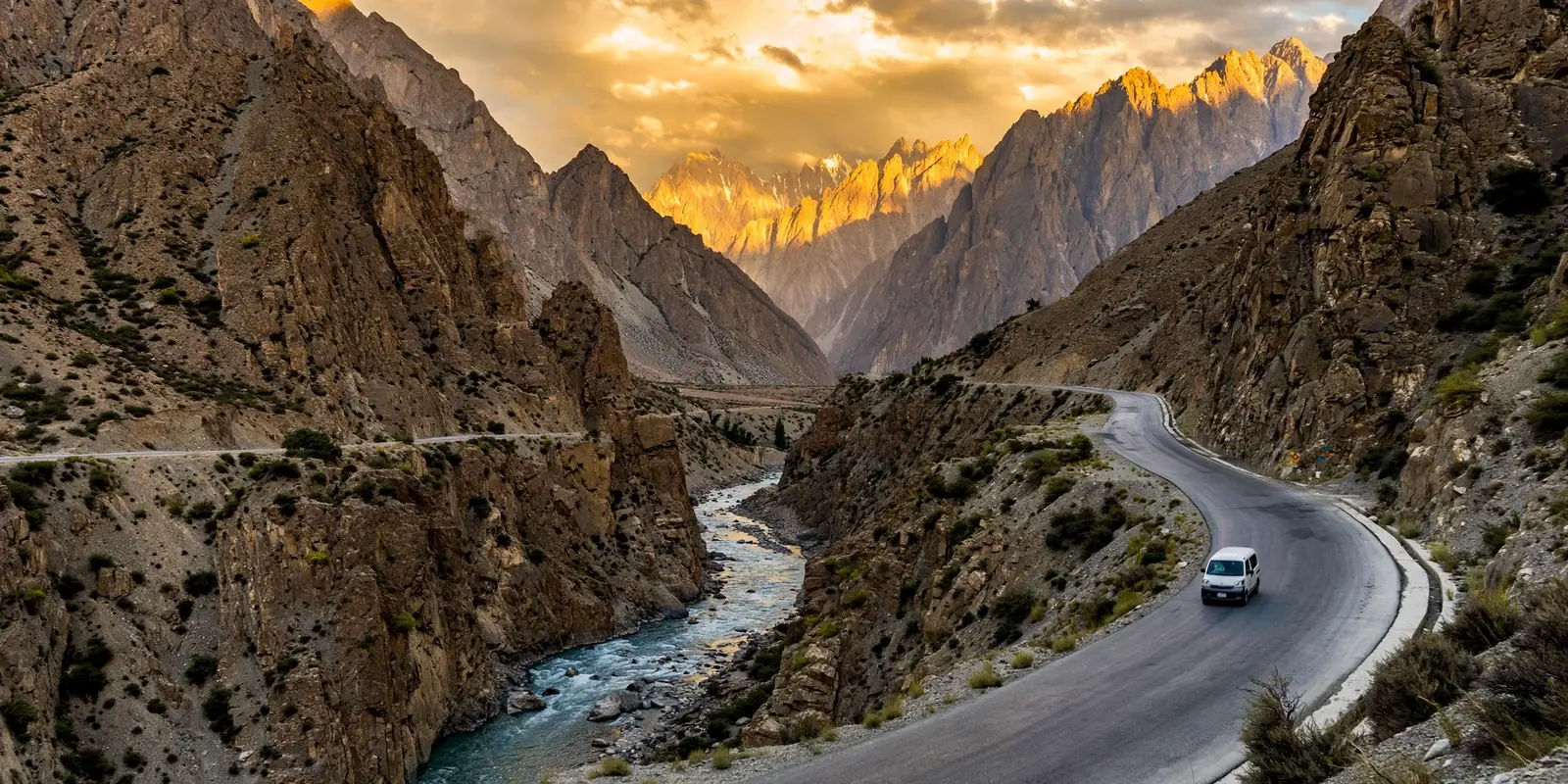 Karakoram Highway winding through a dramatic mountain gorge